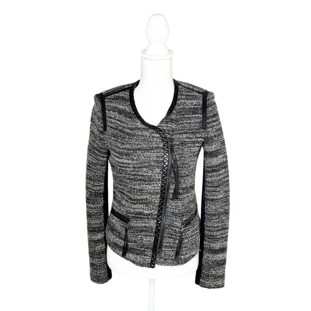 Rebecca Taylor Gray Tweed Style Leather Detail Cropped Zip Up Jacket Blazer 4